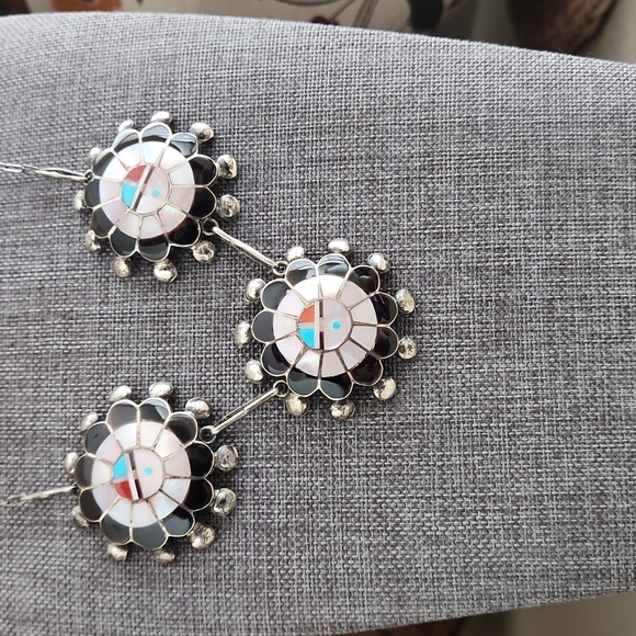 Native American Zuni Vintage Sunface Inlaid Necklace & Earrings Set 💙☀️🖤 - Picture 2 of 16
